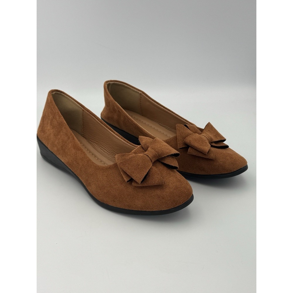 Brown Faux Suede Bow Flats Women's Size 41 Slip-On Comfort Wedge Loafers